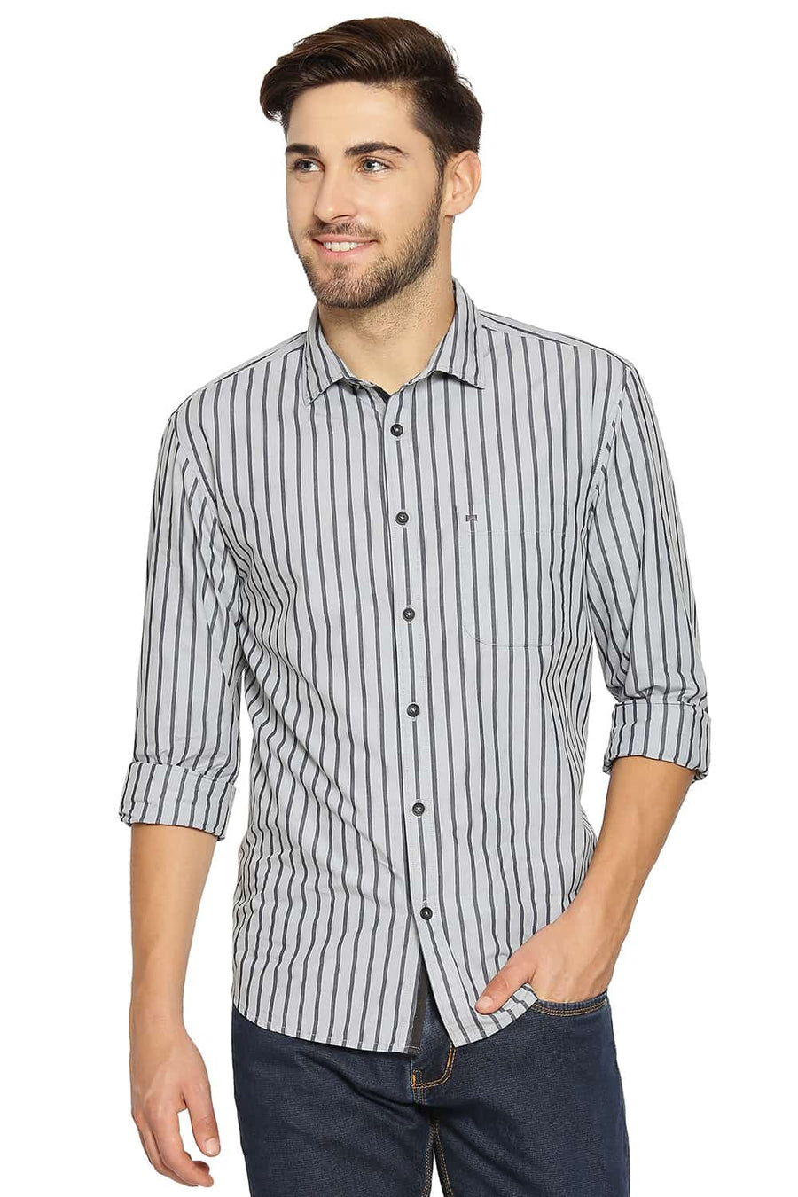 BASICS SLIM FIT QUARRY GREY STRIPES SHIRT