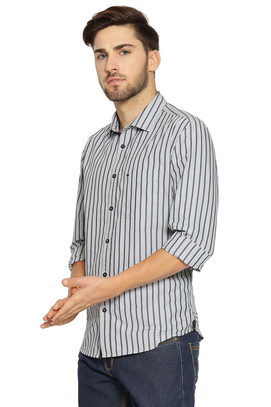 BASICS SLIM FIT QUARRY GREY STRIPES SHIRT