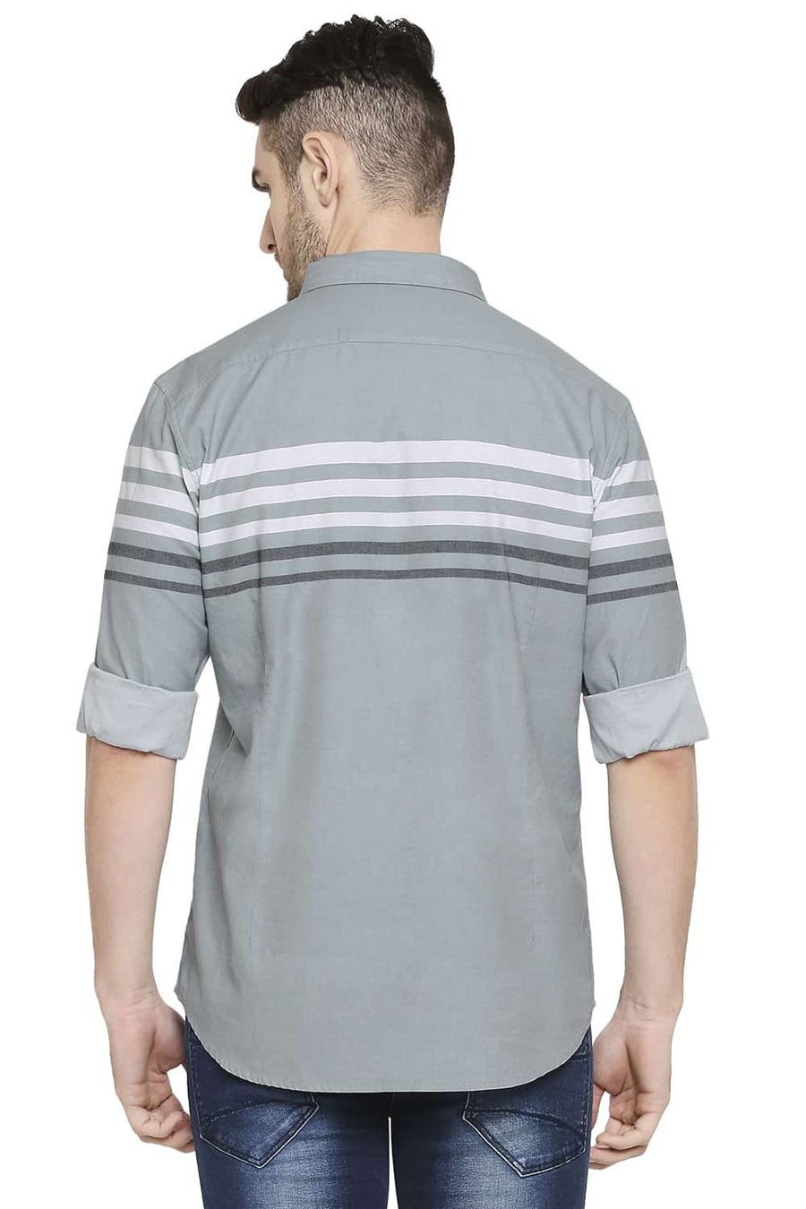 BASICS SLIM FIT LIMESTONE GREY ENGINEERED STRIPE SHIRT