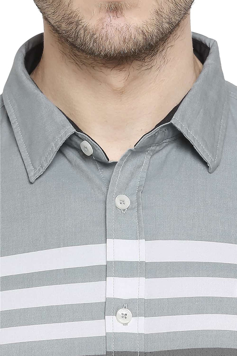 BASICS SLIM FIT LIMESTONE GREY ENGINEERED STRIPE SHIRT