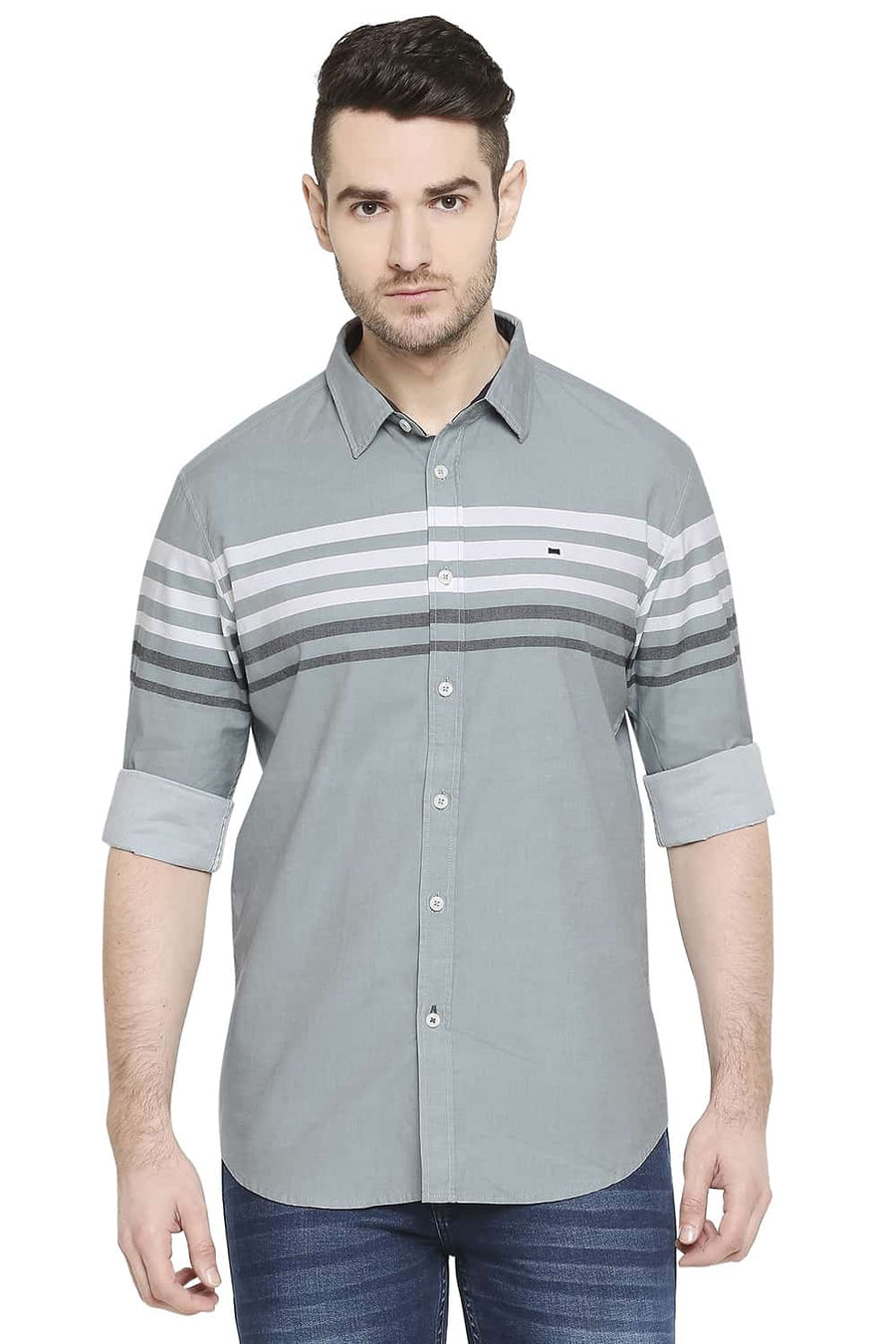 BASICS SLIM FIT LIMESTONE GREY ENGINEERED STRIPE SHIRT