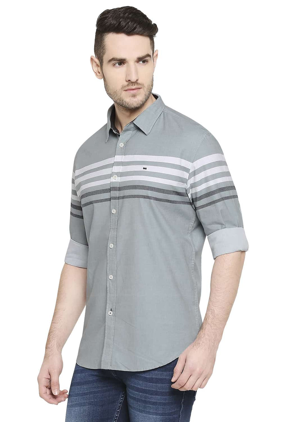 BASICS SLIM FIT LIMESTONE GREY ENGINEERED STRIPE SHIRT