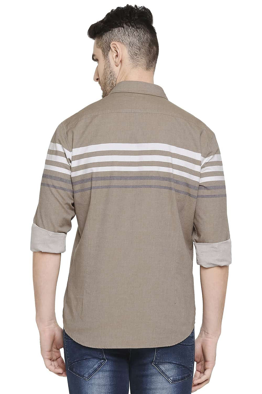 BASICS SLIM FIT AMPHORA BROWN ENGINEERED STRIPE SHIRT