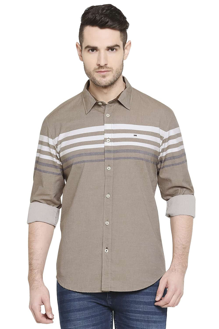 BASICS SLIM FIT AMPHORA BROWN ENGINEERED STRIPE SHIRT