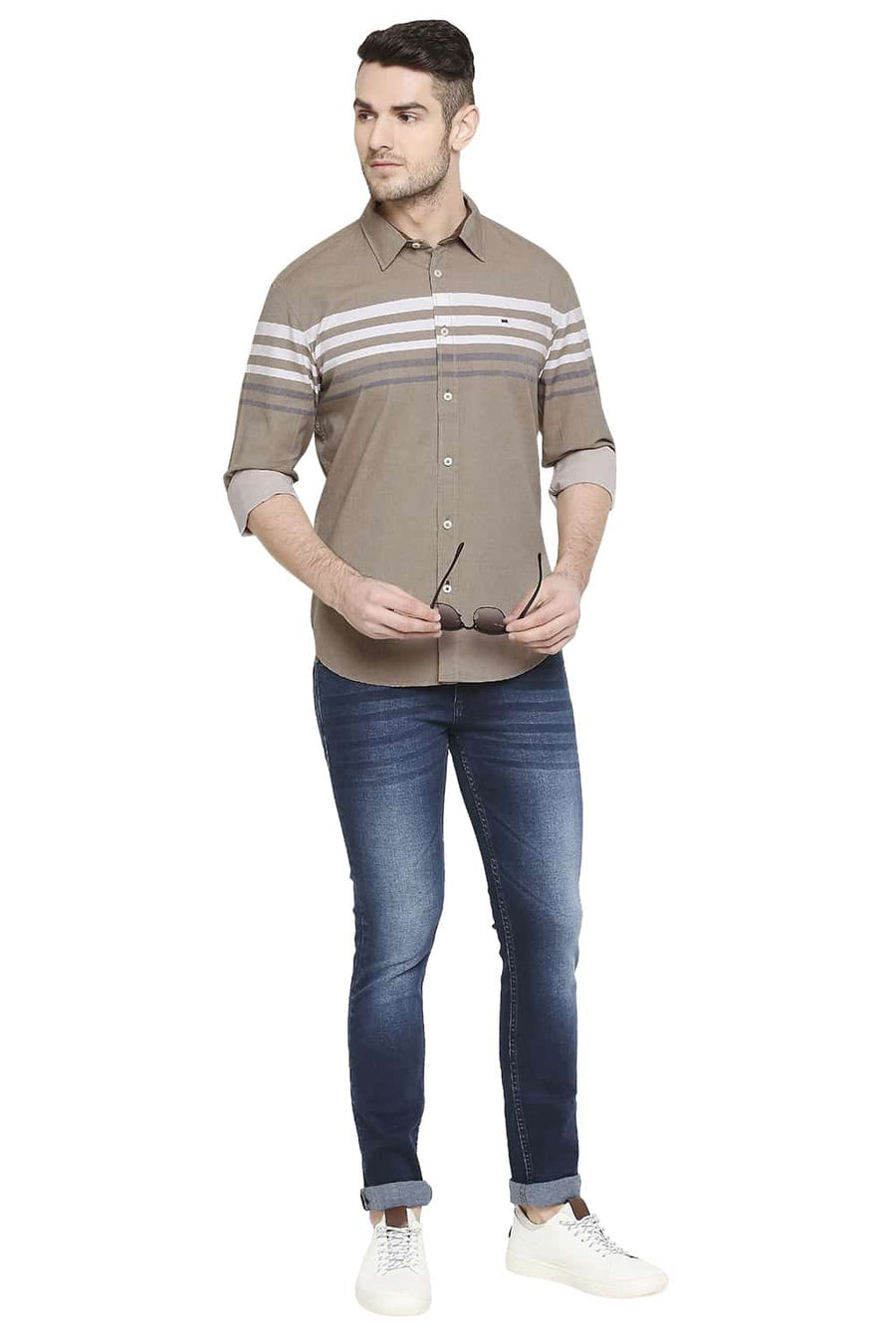 BASICS SLIM FIT AMPHORA BROWN ENGINEERED STRIPE SHIRT