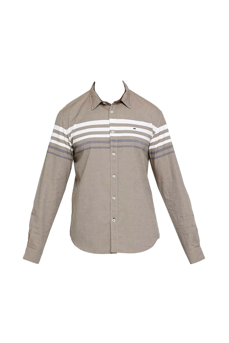 BASICS SLIM FIT AMPHORA BROWN ENGINEERED STRIPE SHIRT