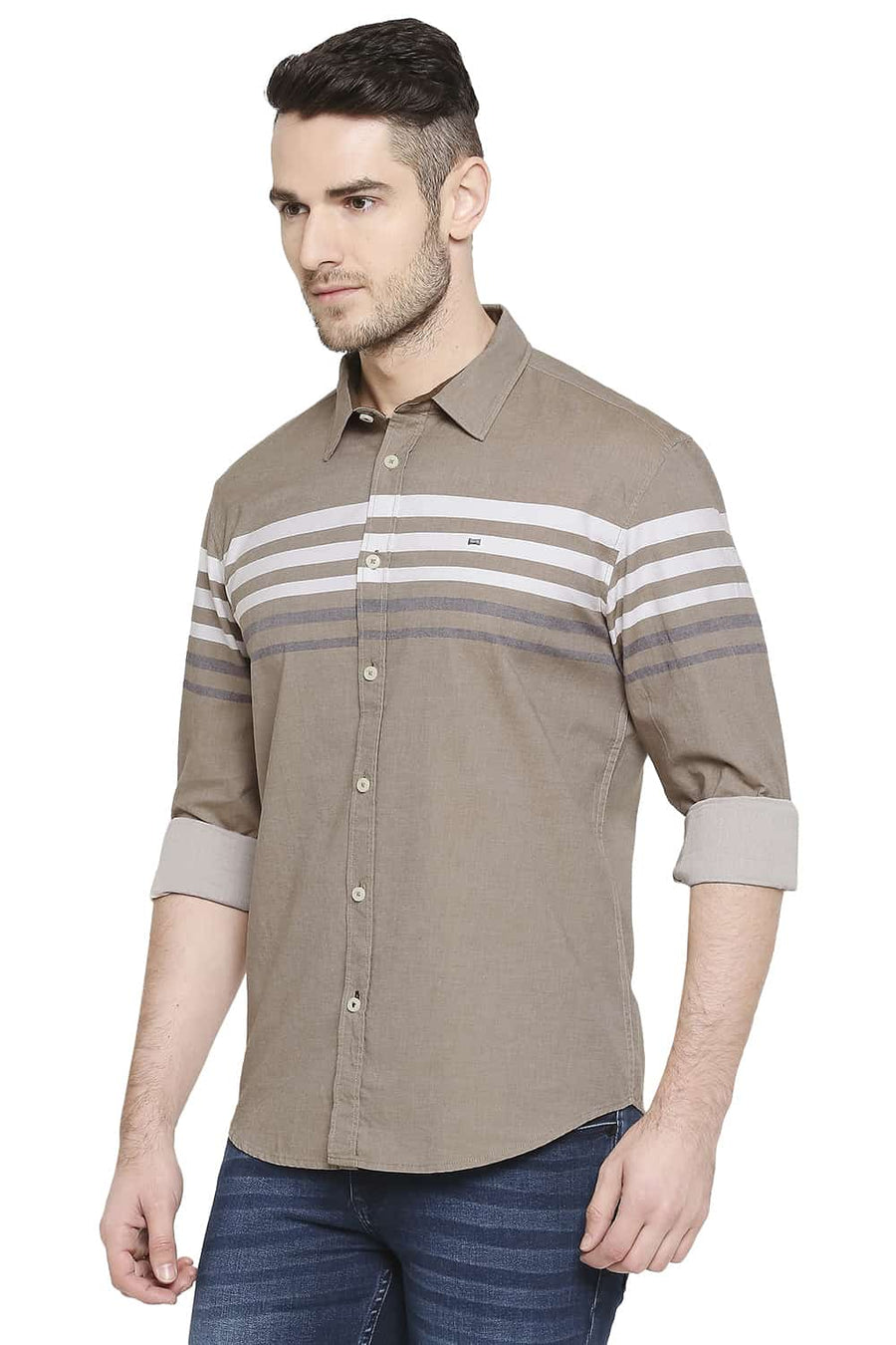 BASICS SLIM FIT AMPHORA BROWN ENGINEERED STRIPE SHIRT