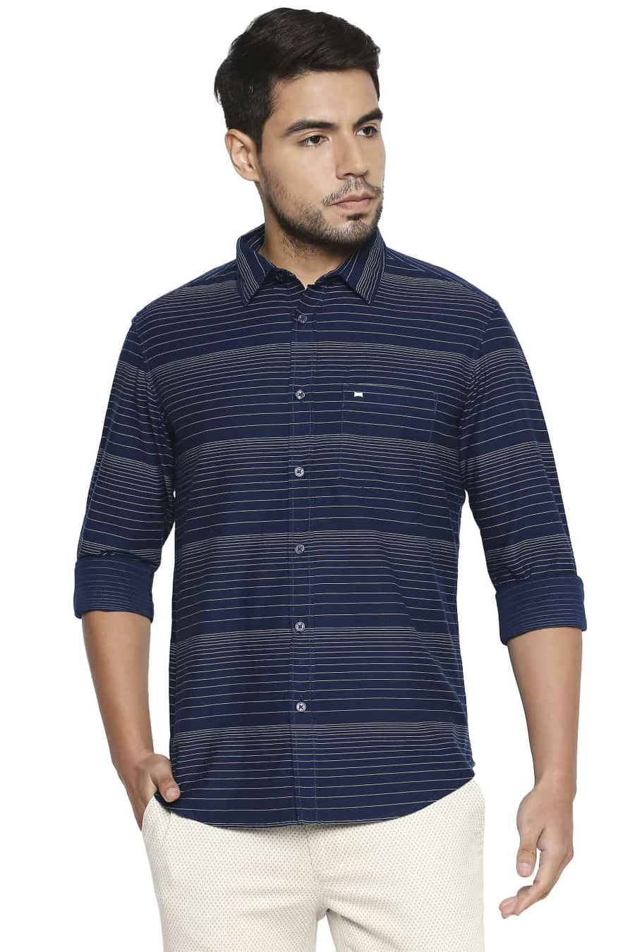 BASICS SLIM FIT POSEIDON NAVY STRIPE SHIRT