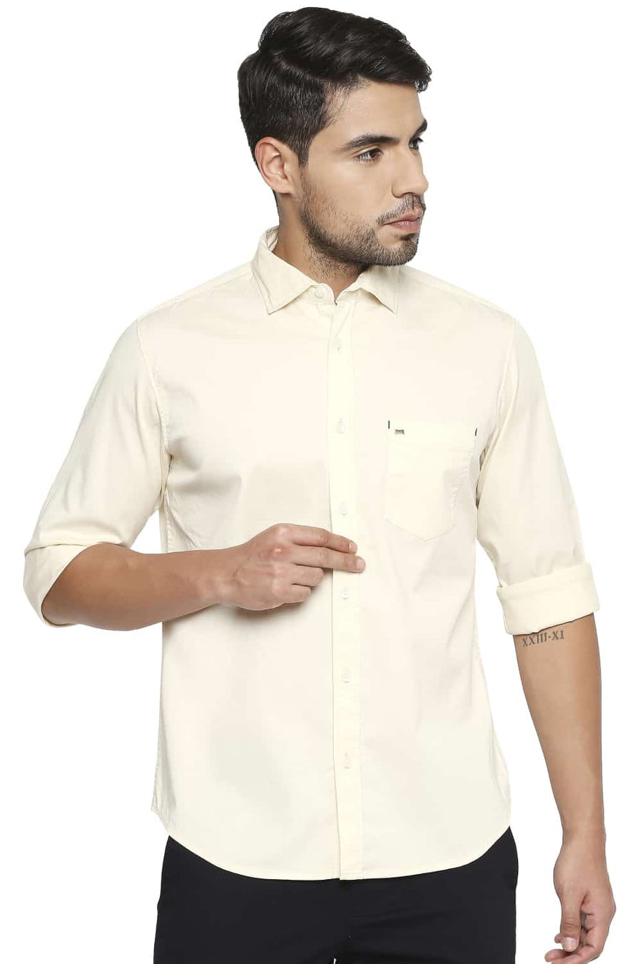 BASICS SLIM FIT CORN ECRU STRETCH SHIRT