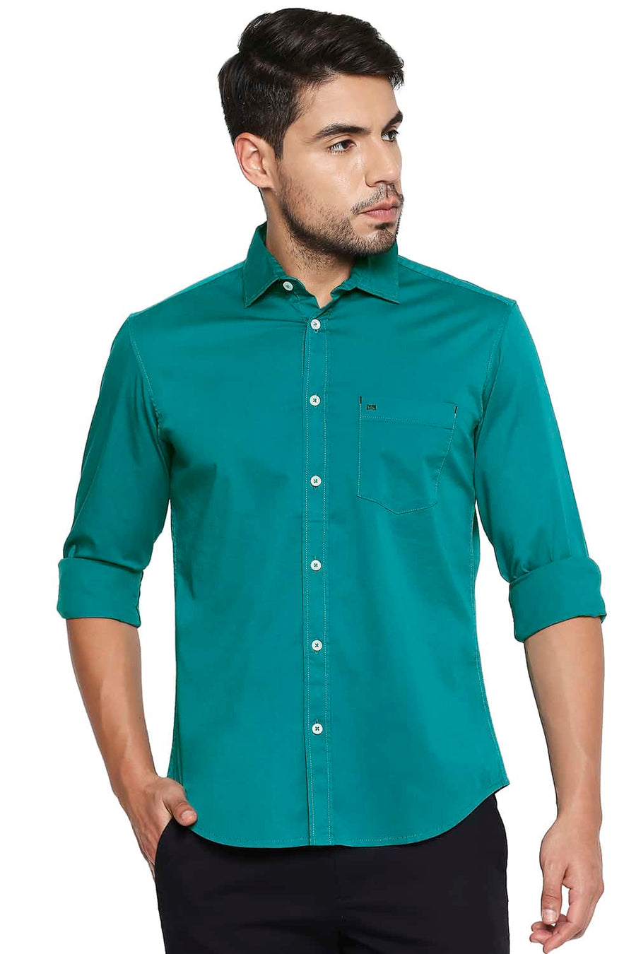 BASICS SLIM FIT NAVIGATE GREEN STRETCH SHIRT