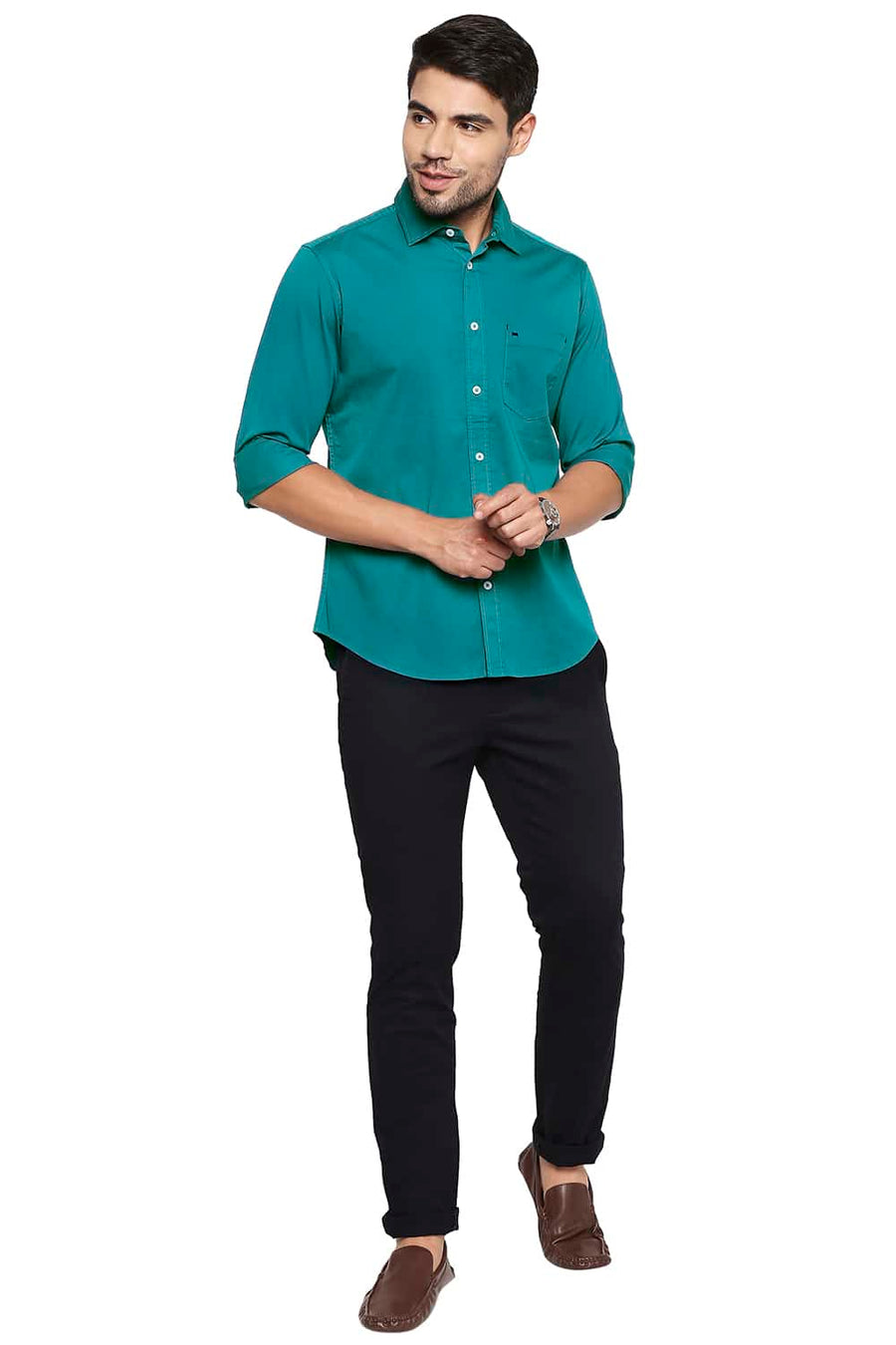 BASICS SLIM FIT NAVIGATE GREEN STRETCH SHIRT