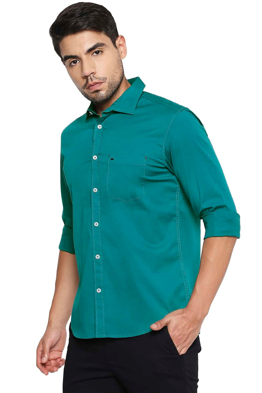 BASICS SLIM FIT NAVIGATE GREEN STRETCH SHIRT