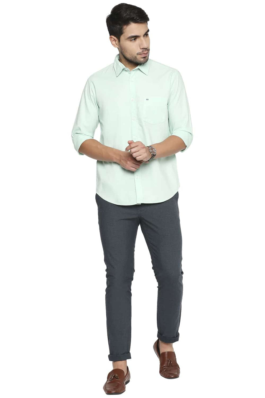 BASICS SLIM FIT HONEYDEW GREEN DOBBY SHIRT