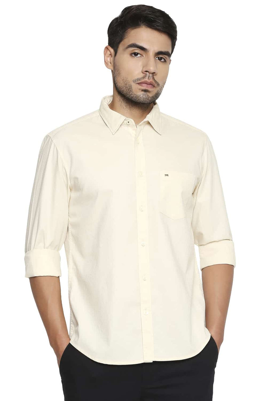BASICS SLIM FIT SWEET CORN ECRU DOBBY SHIRT