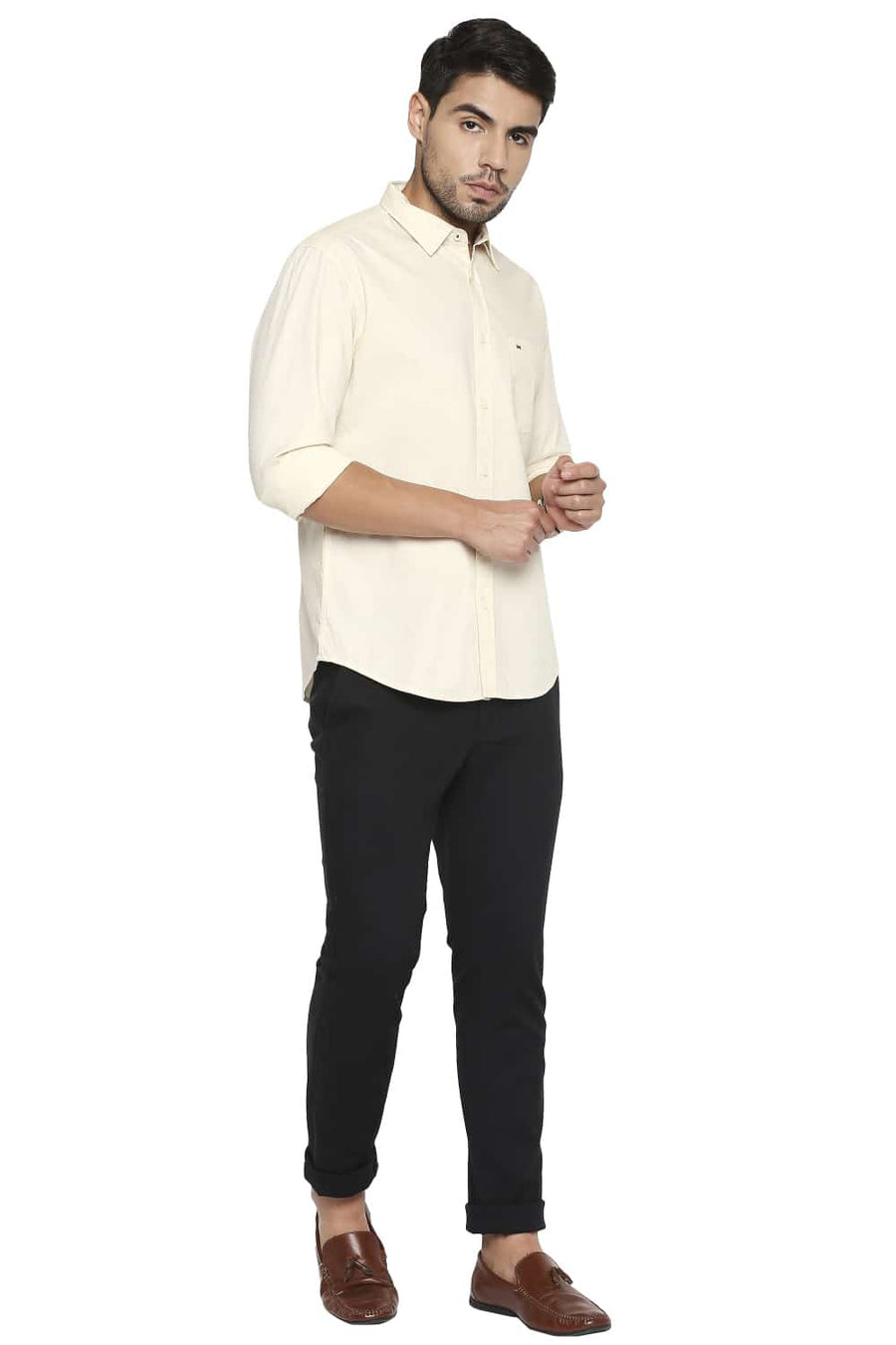 BASICS SLIM FIT SWEET CORN ECRU DOBBY SHIRT