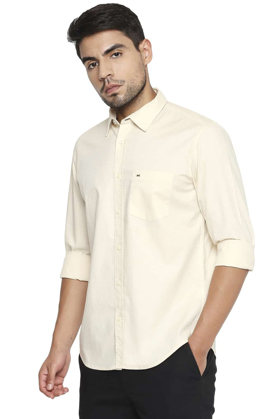 BASICS SLIM FIT SWEET CORN ECRU DOBBY SHIRT