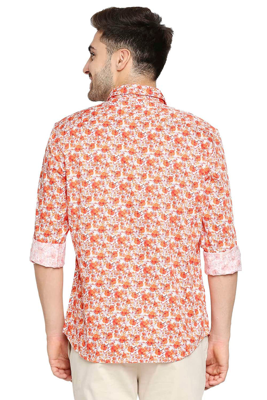 BASICS SLIM FIT JAFFA ORANGE SATIN PRINTED SHIRT