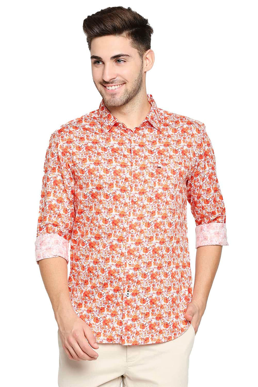 BASICS SLIM FIT JAFFA ORANGE SATIN PRINTED SHIRT