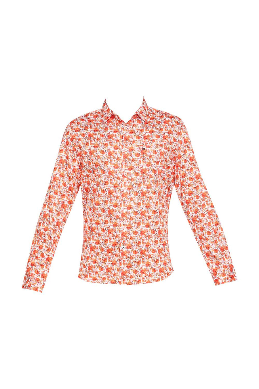BASICS SLIM FIT JAFFA ORANGE SATIN PRINTED SHIRT