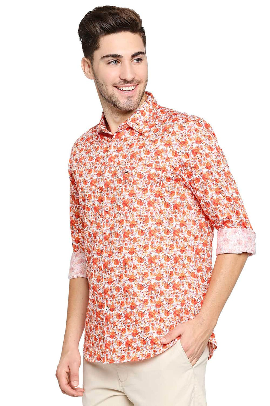 BASICS SLIM FIT JAFFA ORANGE SATIN PRINTED SHIRT