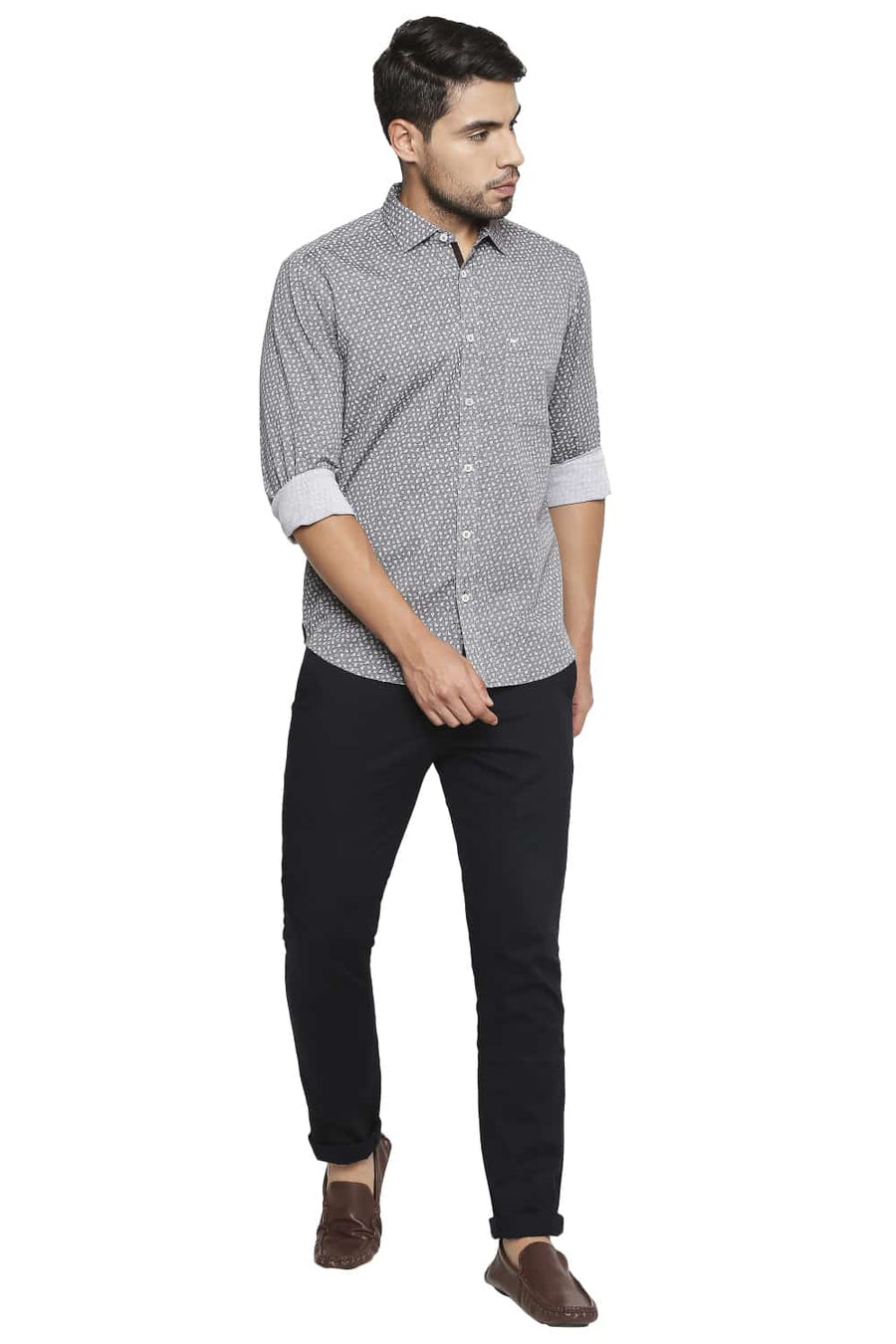 BASICS SLIM FIT RABBIT BROWN PRINTED SHIRT
