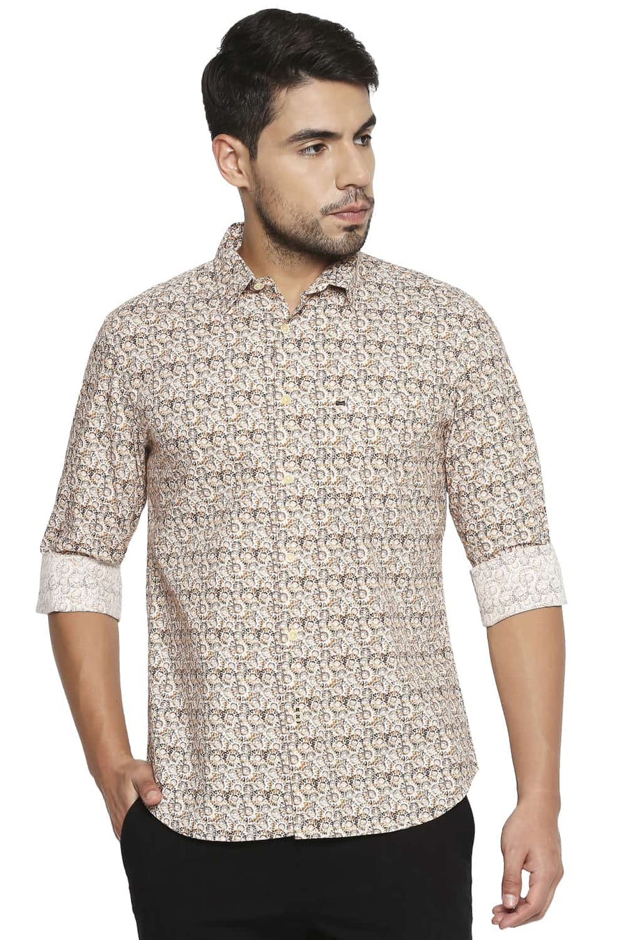BASICS SLIM FIT GOLDEN YELLOW DIGITAL PRINTED SHIRT