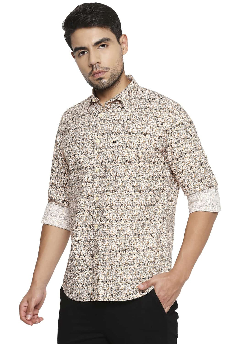 BASICS SLIM FIT GOLDEN YELLOW DIGITAL PRINTED SHIRT