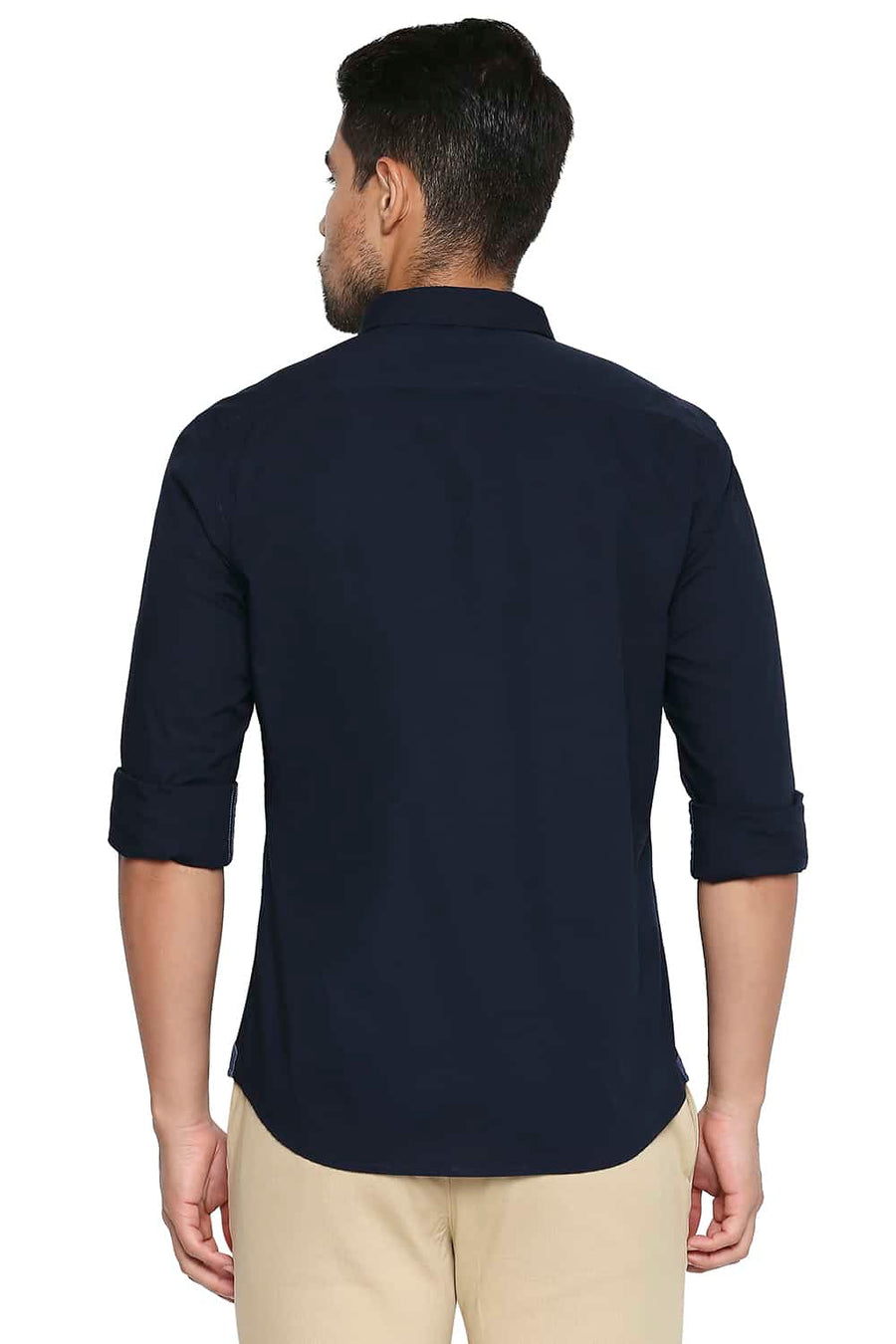 BASICS SLIM FIT NAVY IRIS CHEST LINE PRINTED SHIRT