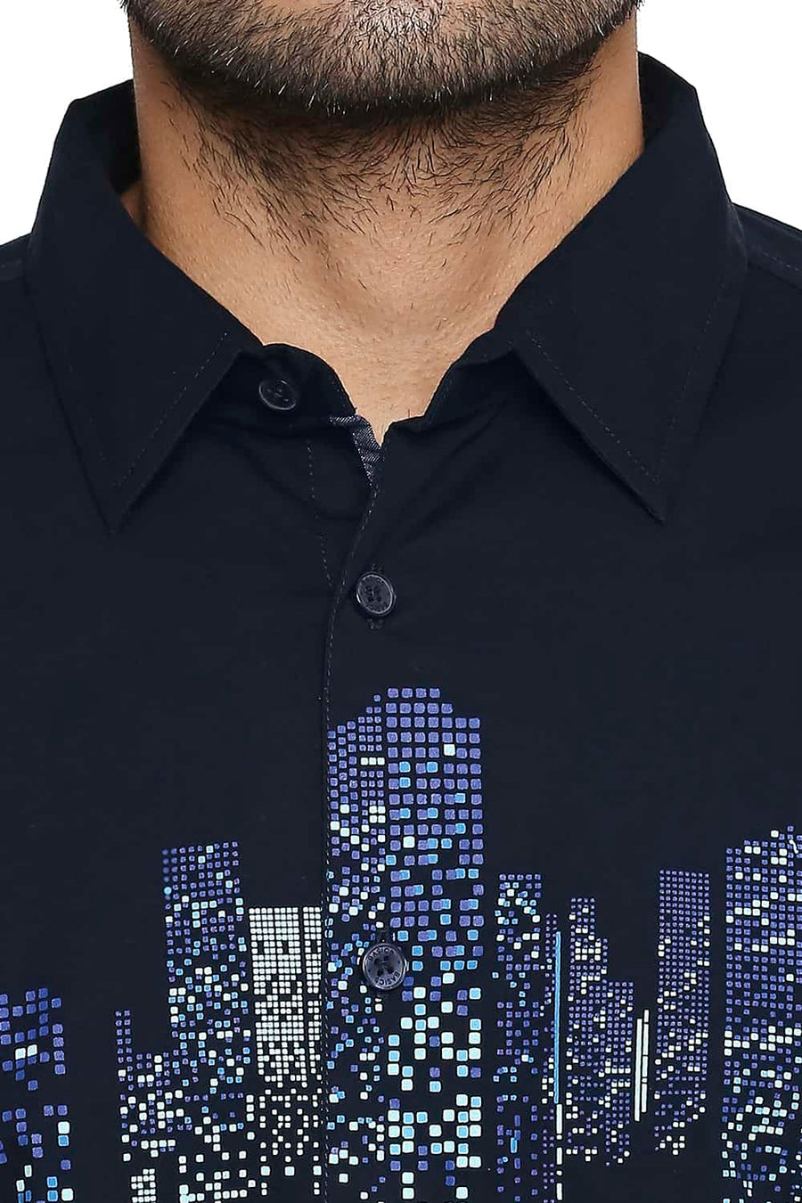 BASICS SLIM FIT NAVY IRIS CHEST LINE PRINTED SHIRT
