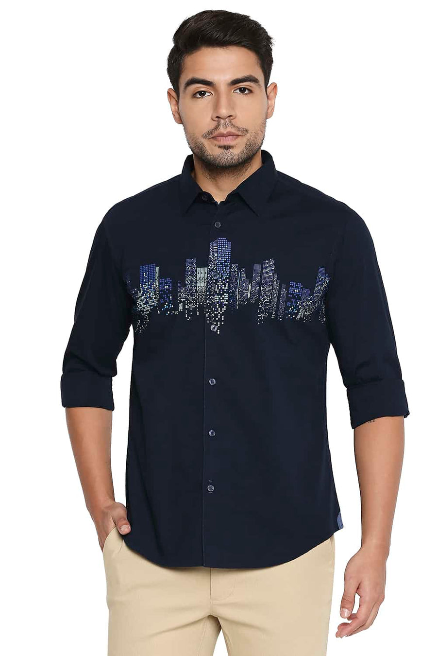 BASICS SLIM FIT NAVY IRIS CHEST LINE PRINTED SHIRT