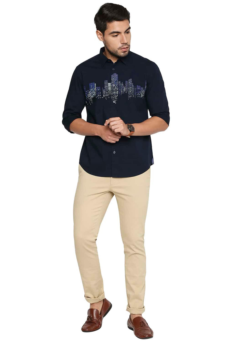 BASICS SLIM FIT LINE PRINTED SHIRT