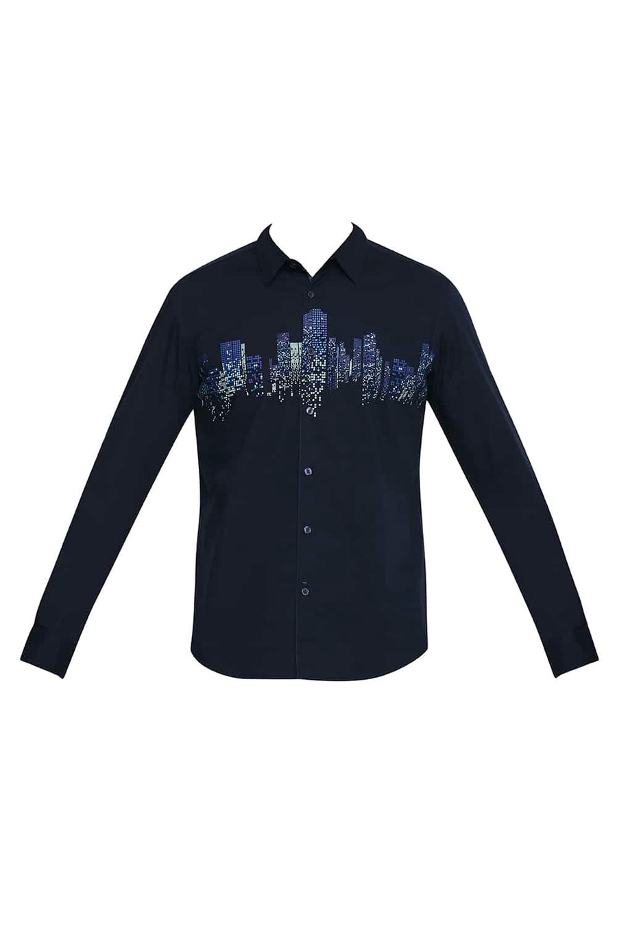 BASICS SLIM FIT NAVY IRIS CHEST LINE PRINTED SHIRT