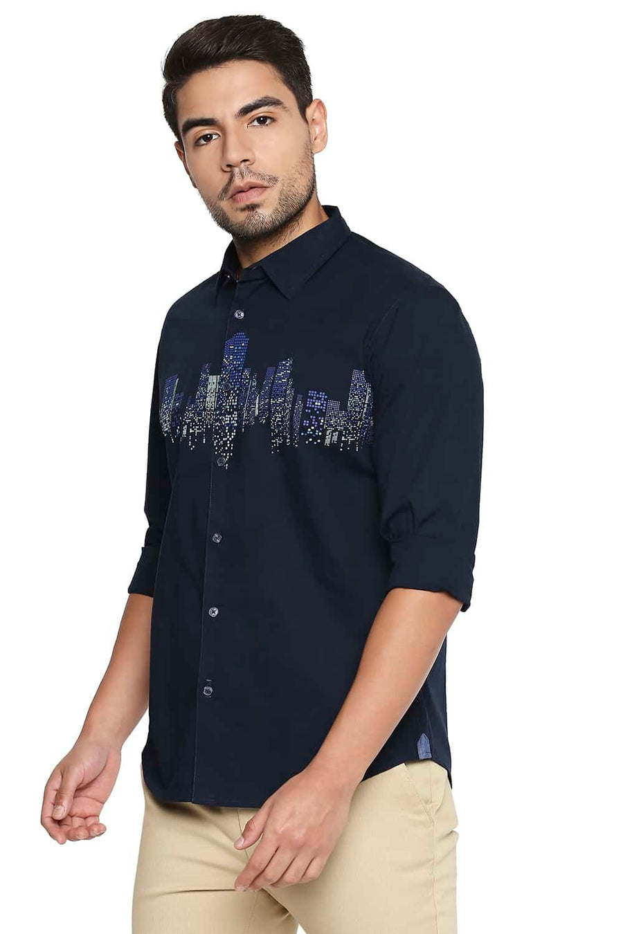 BASICS SLIM FIT NAVY IRIS CHEST LINE PRINTED SHIRT