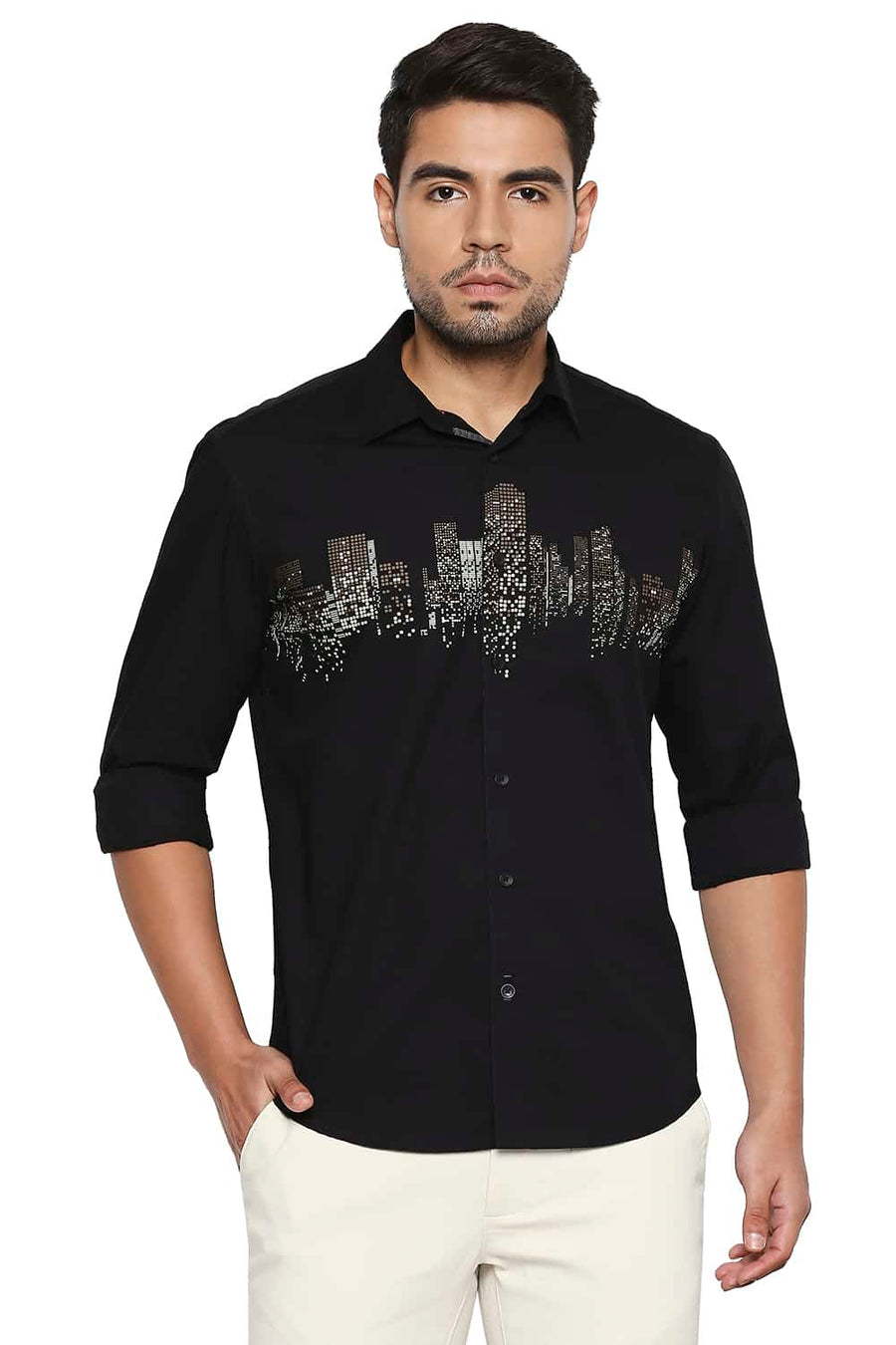 BASICS SLIM FIT NIGHT BLACK CHEST LINE PRINTED SHIRT