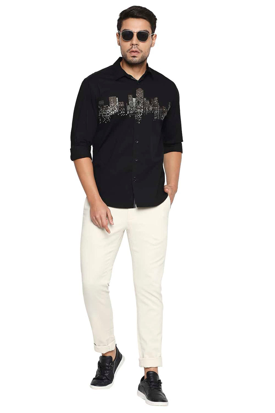 BASICS SLIM FIT NIGHT BLACK CHEST LINE PRINTED SHIRT