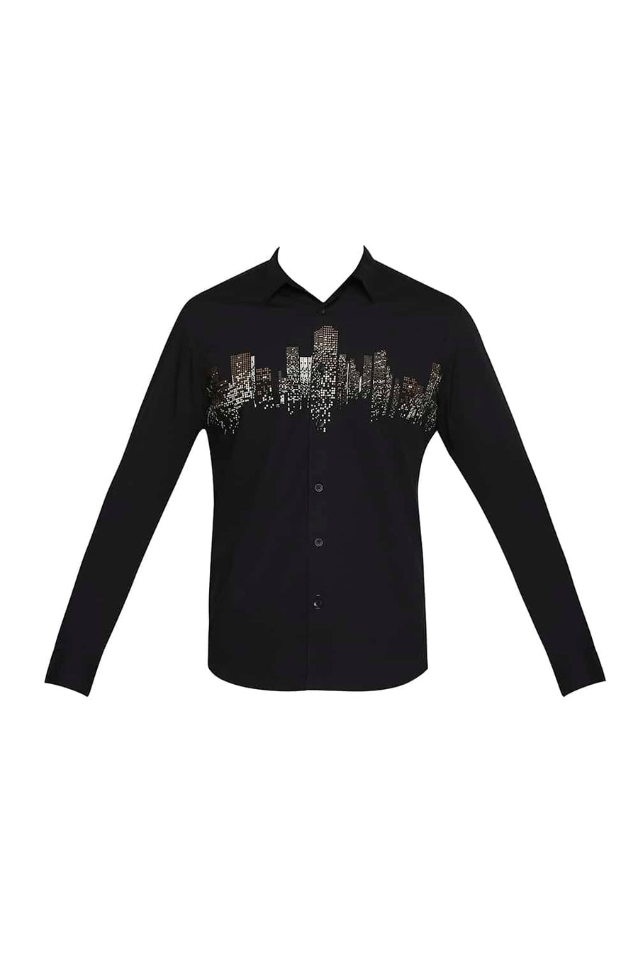 BASICS SLIM FIT NIGHT BLACK CHEST LINE PRINTED SHIRT