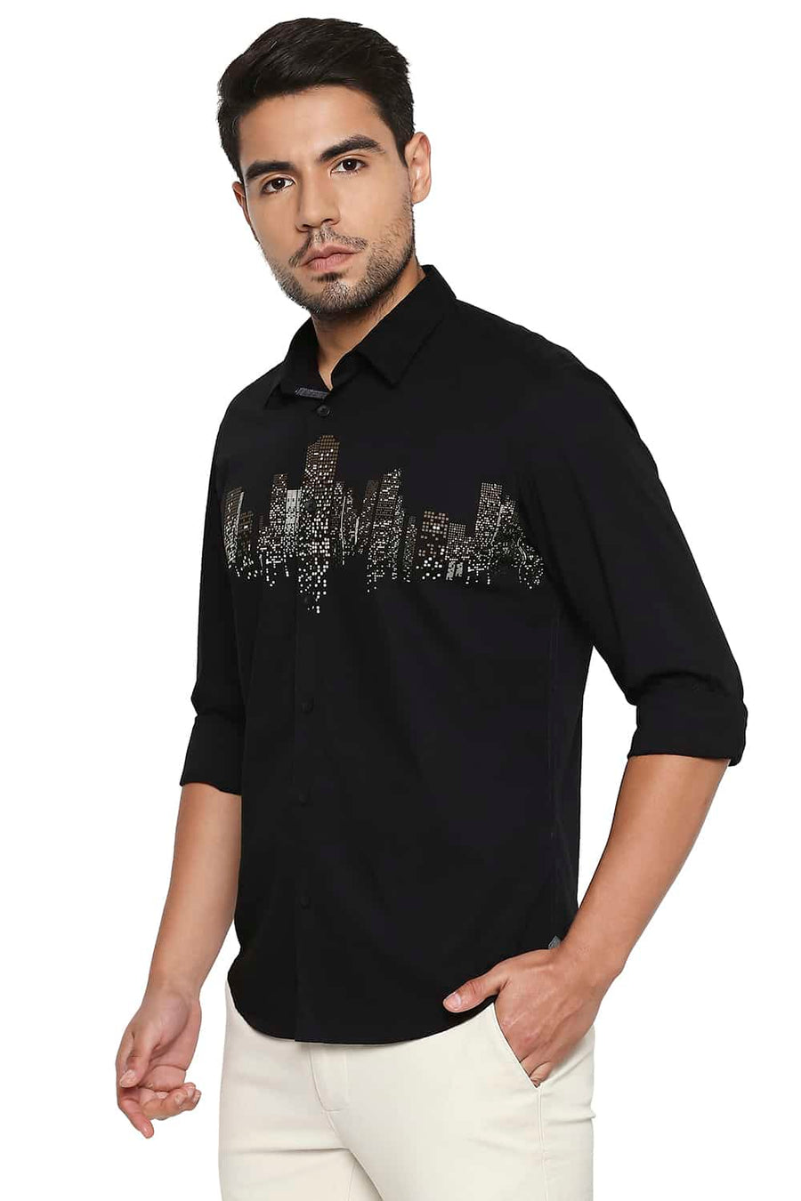 BASICS SLIM FIT NIGHT BLACK CHEST LINE PRINTED SHIRT