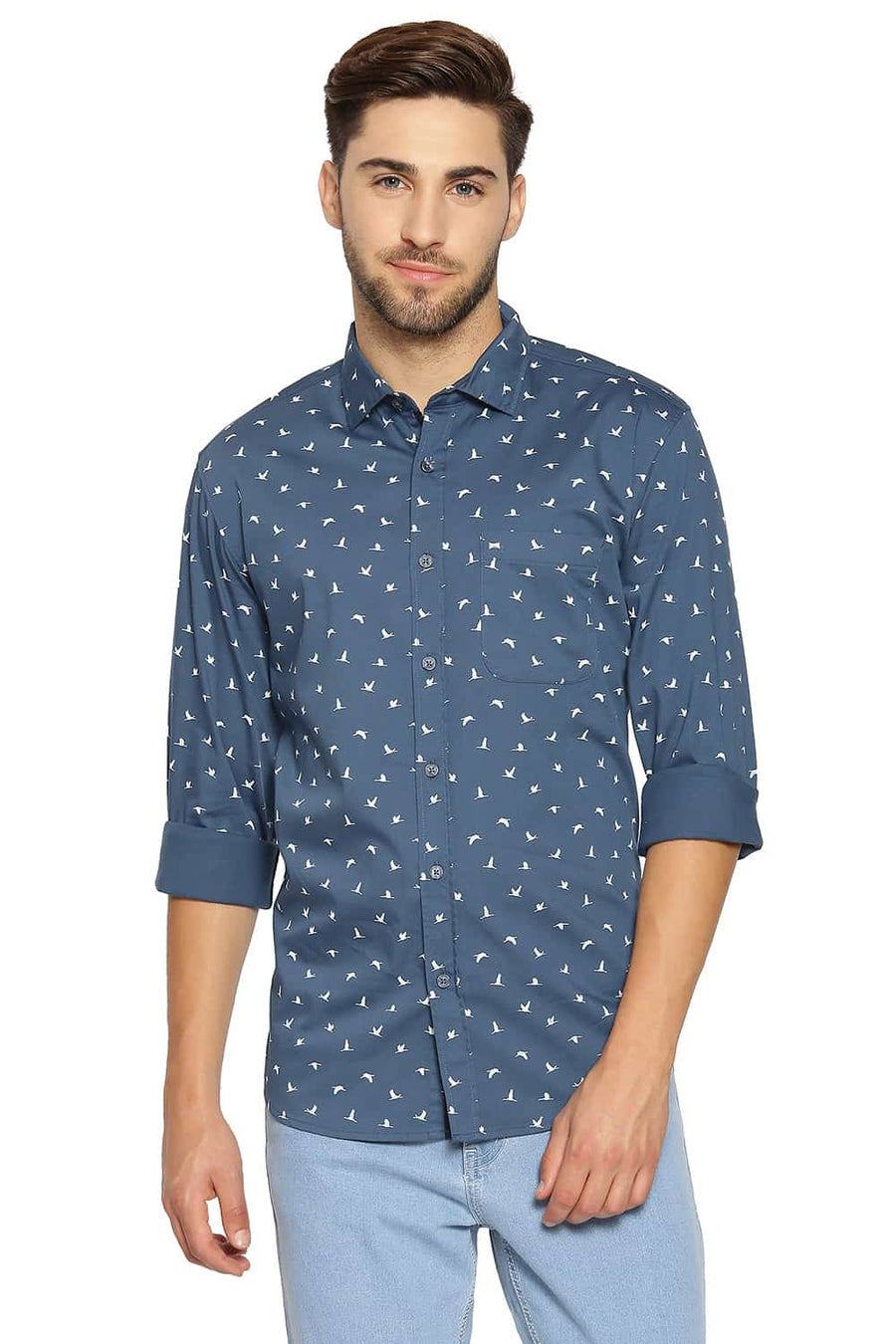 BASICS SLIM FIT MIDNIGHT BLUE PRINTED STRETCH SHIRT