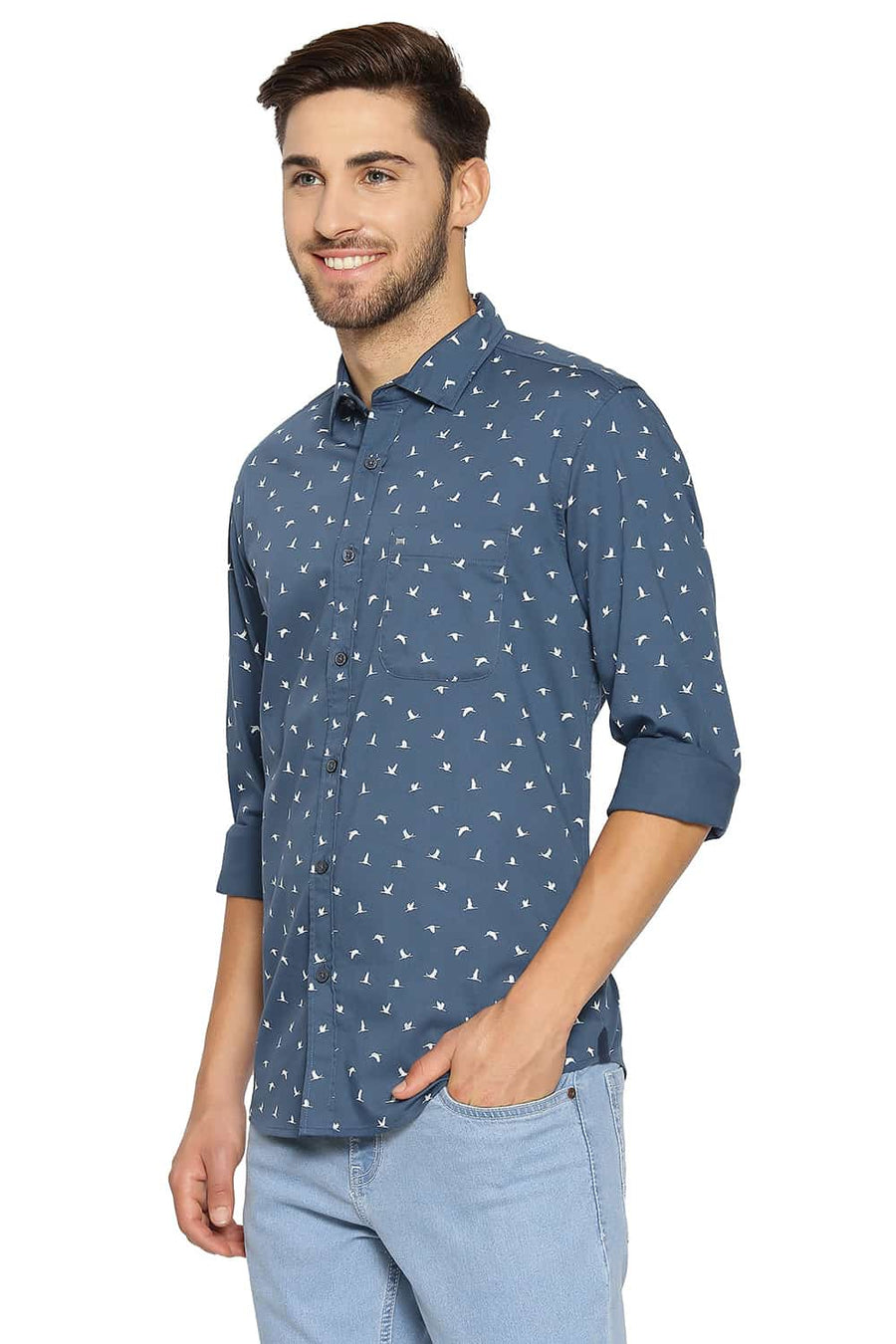 BASICS SLIM FIT MIDNIGHT BLUE PRINTED STRETCH SHIRT