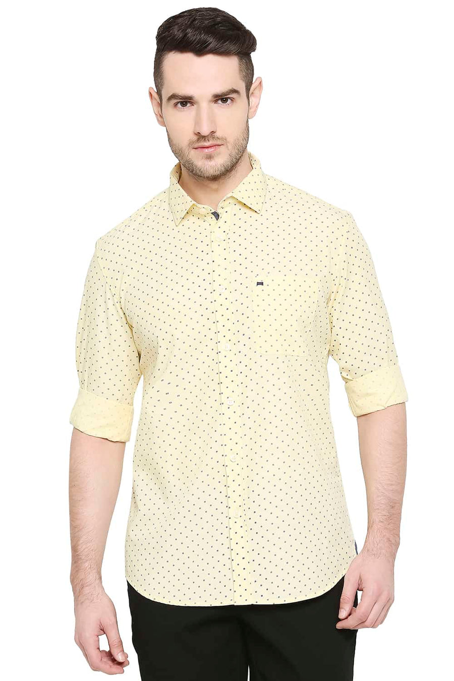 BASICS SLIM FIT PASTEL YELLOW PRINTED SHIRT