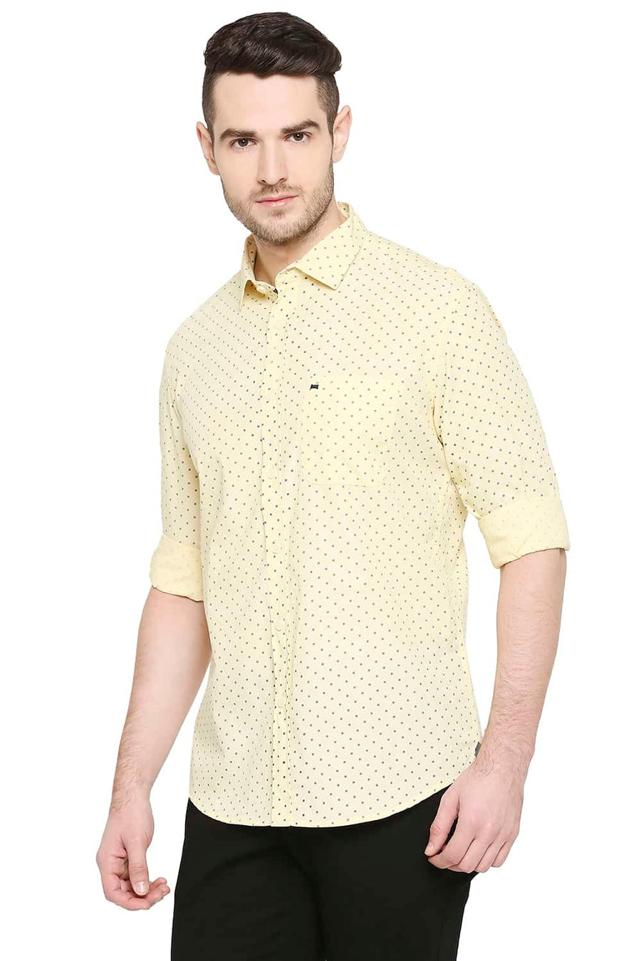 BASICS SLIM FIT PASTEL YELLOW PRINTED SHIRT