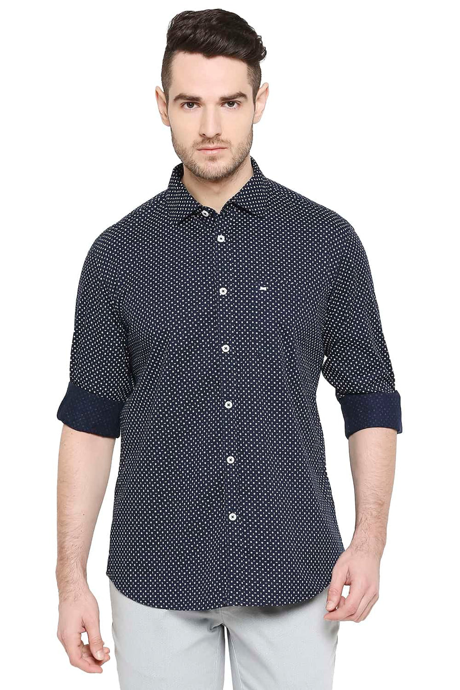 BASICS SLIM FIT IRIS NAVY PRINTED SHIRT