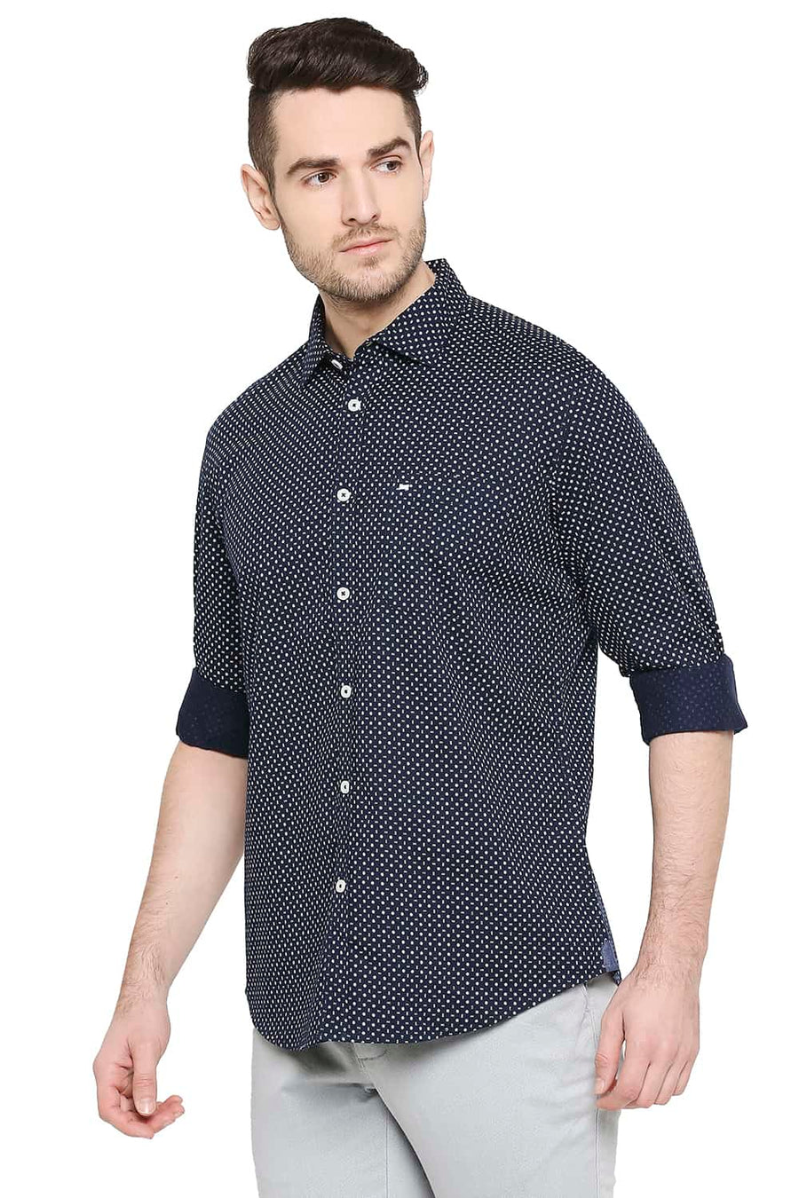 BASICS SLIM FIT IRIS NAVY PRINTED SHIRT