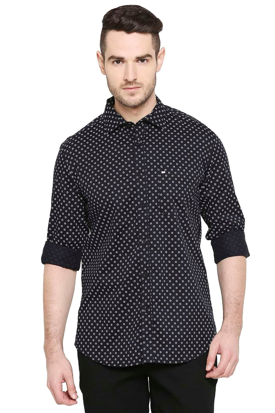 BASICS SLIM FIT ANTHRACITE BLACK PRINTED SHIRT