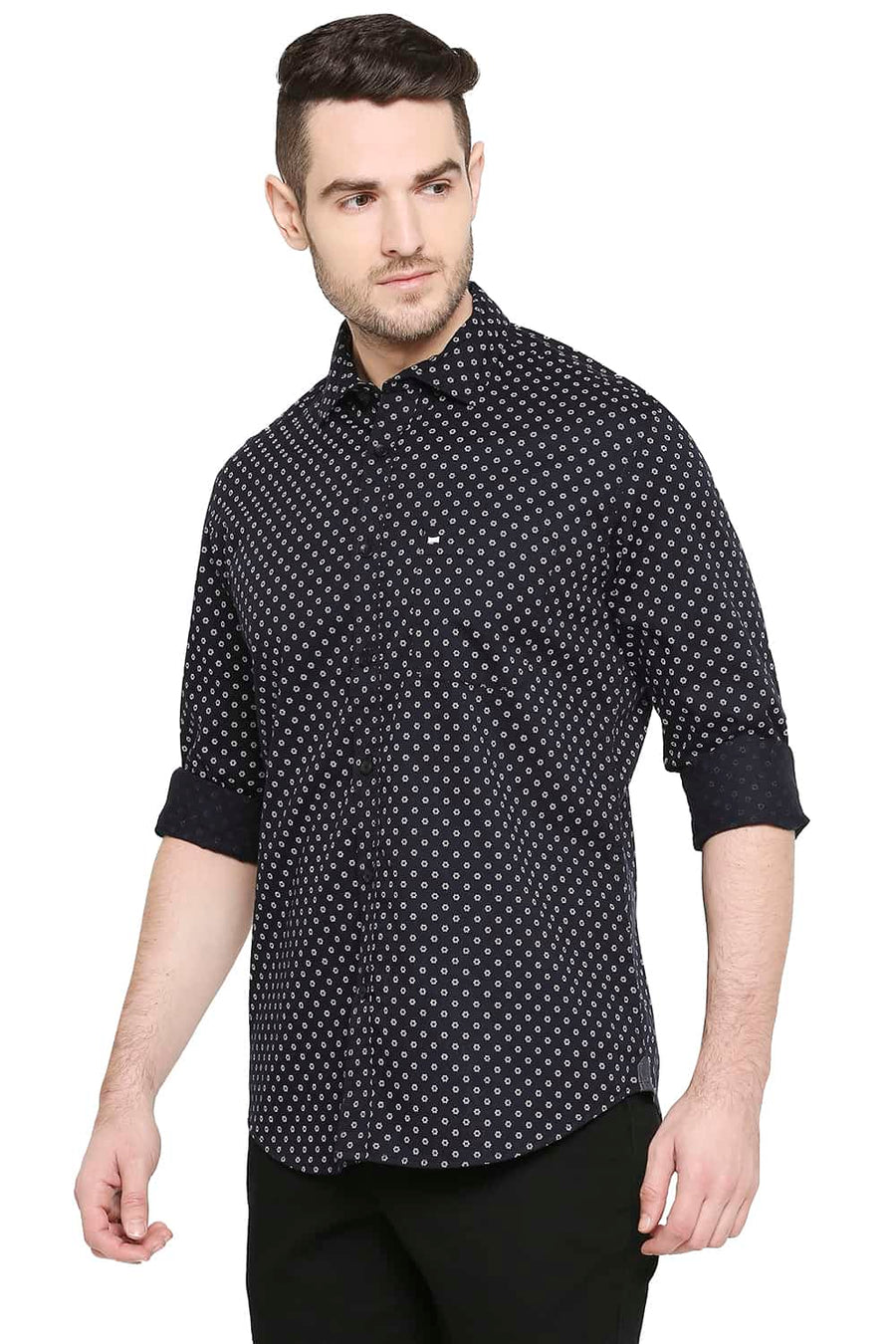 BASICS SLIM FIT ANTHRACITE BLACK PRINTED SHIRT