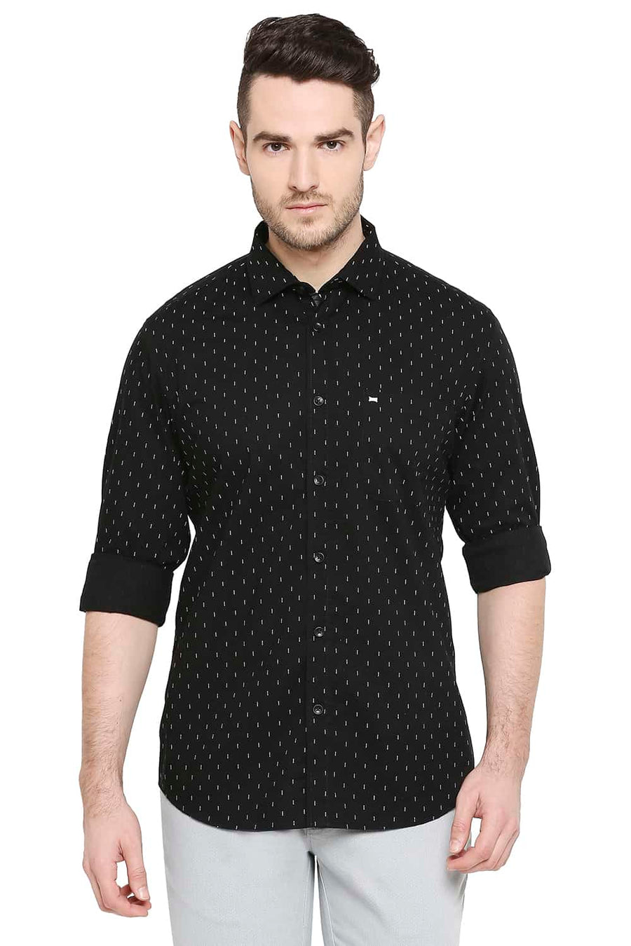 BASICS SLIM FIT CAVIAR BLACK PRINTED SHIRT