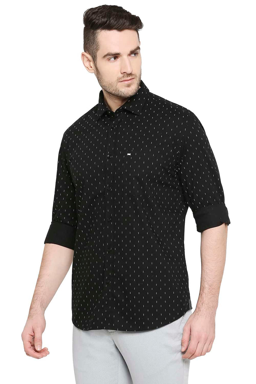 BASICS SLIM FIT CAVIAR BLACK PRINTED SHIRT