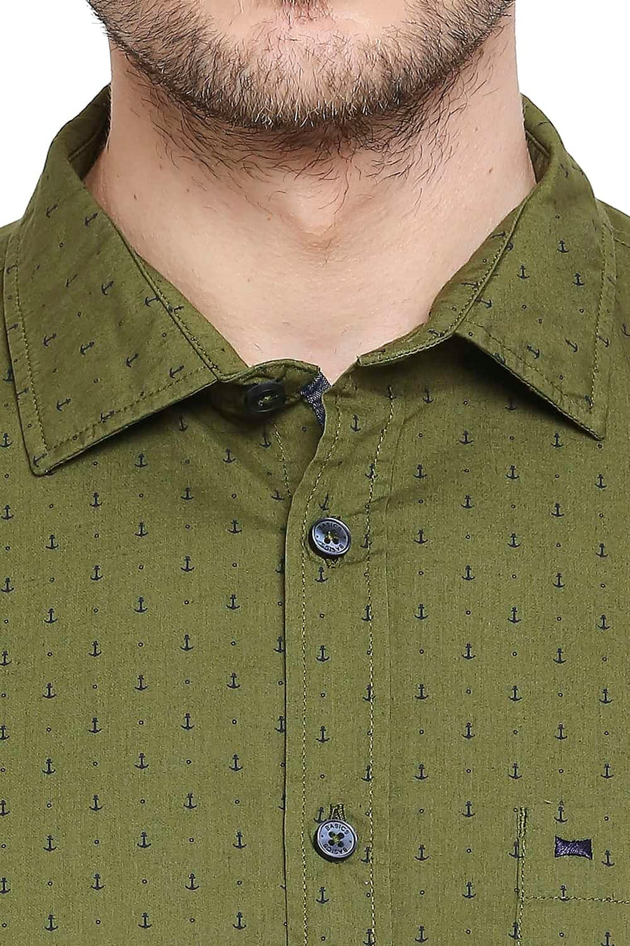 BASICS SLIM FIT CHIVE OLIVE PRINTED SHIRT