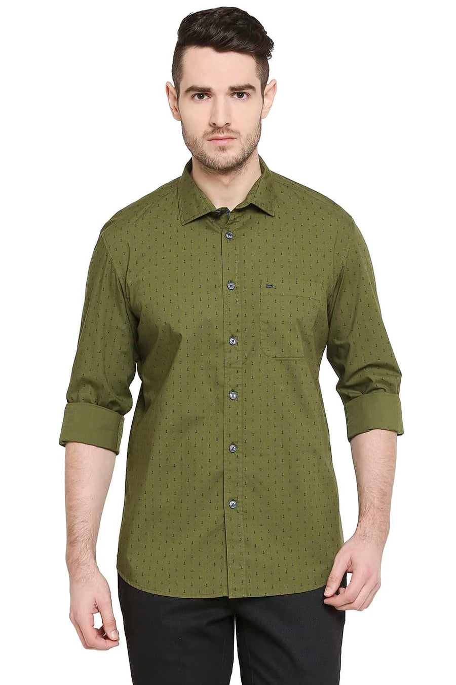 BASICS SLIM FIT CHIVE OLIVE PRINTED SHIRT