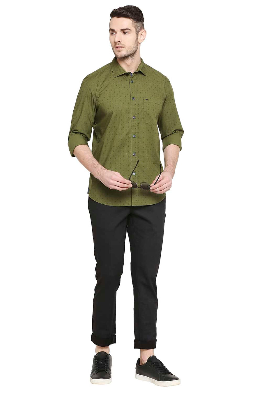 BASICS SLIM FIT CHIVE OLIVE PRINTED SHIRT